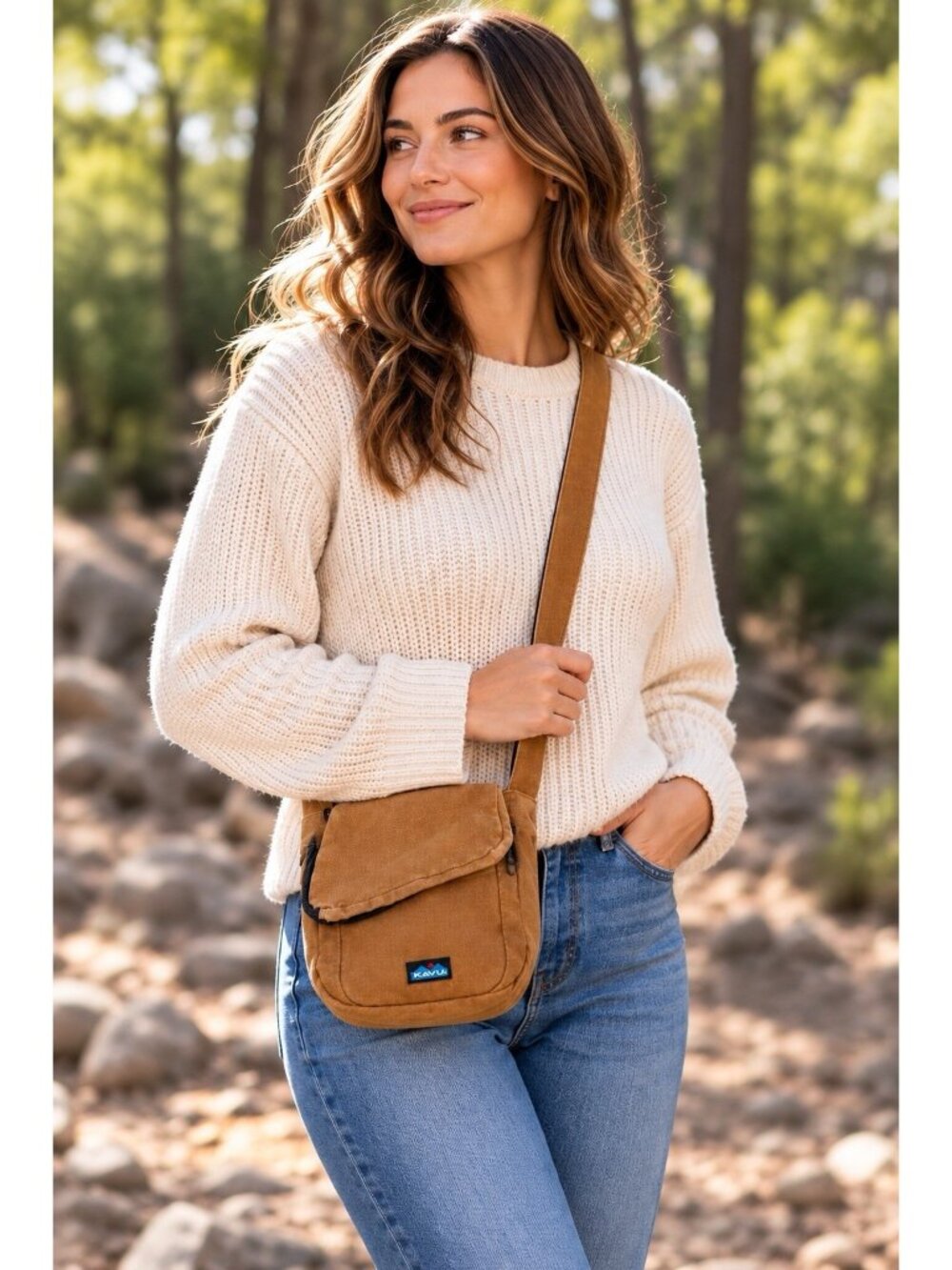 KAVU Canvas Crossbody Bag Brown Tan Cotton Shoulder Messenger Purse Outdoor